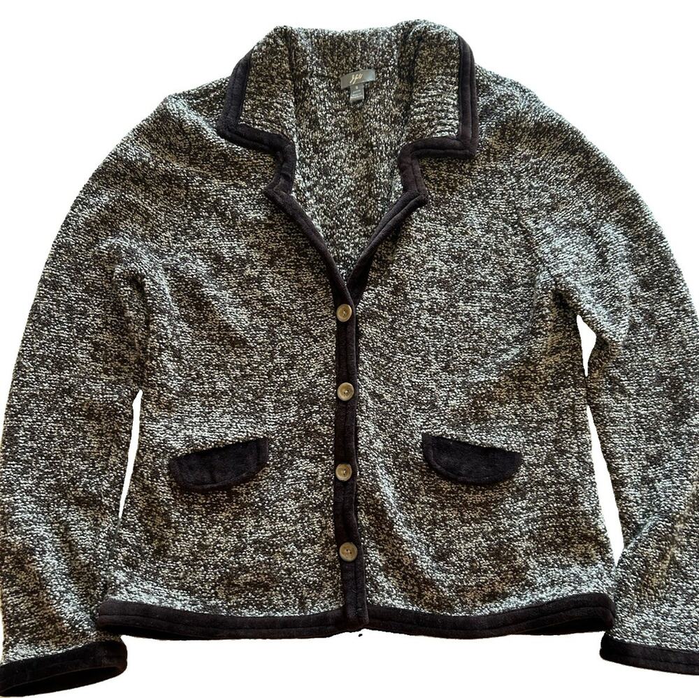 Vtg J. Jill Cardigan Merino Wool Sweater Brown Marbled Solid Trim Fitted Sz PS